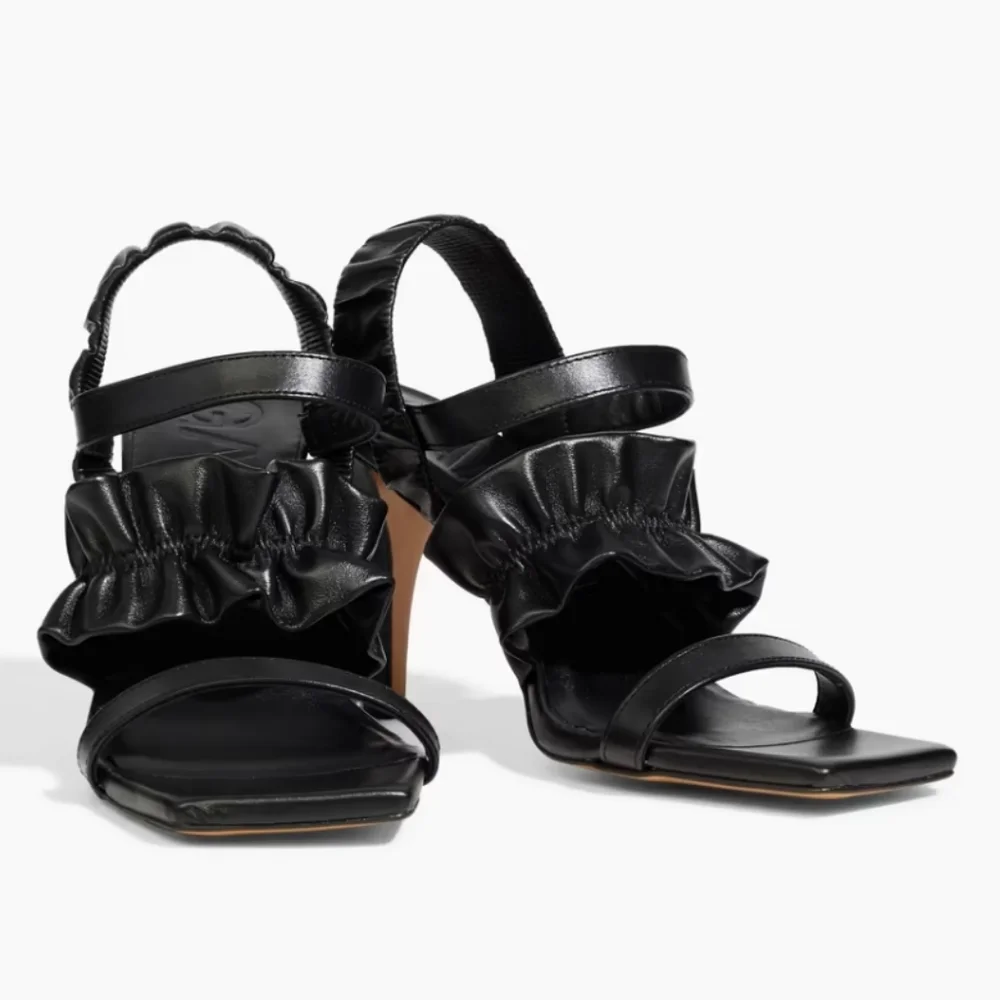Ganni Ruffled Leather Slingback Sandals Size 39 US 9 Black - Picture 2 of 11
